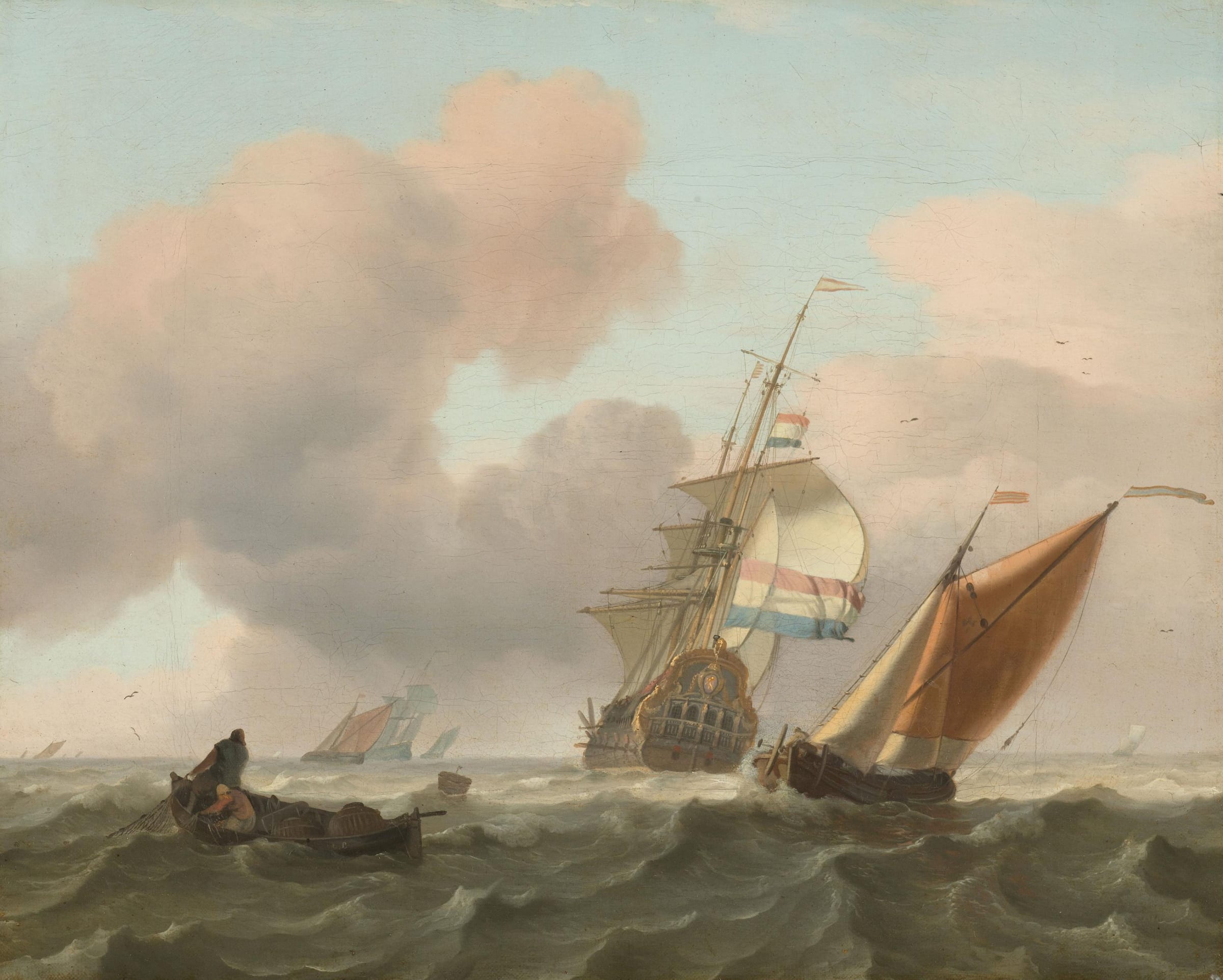 A Dutch ship and a small sailing boat holding their course through choppy gray-green waves beneath a pink and blue sky.