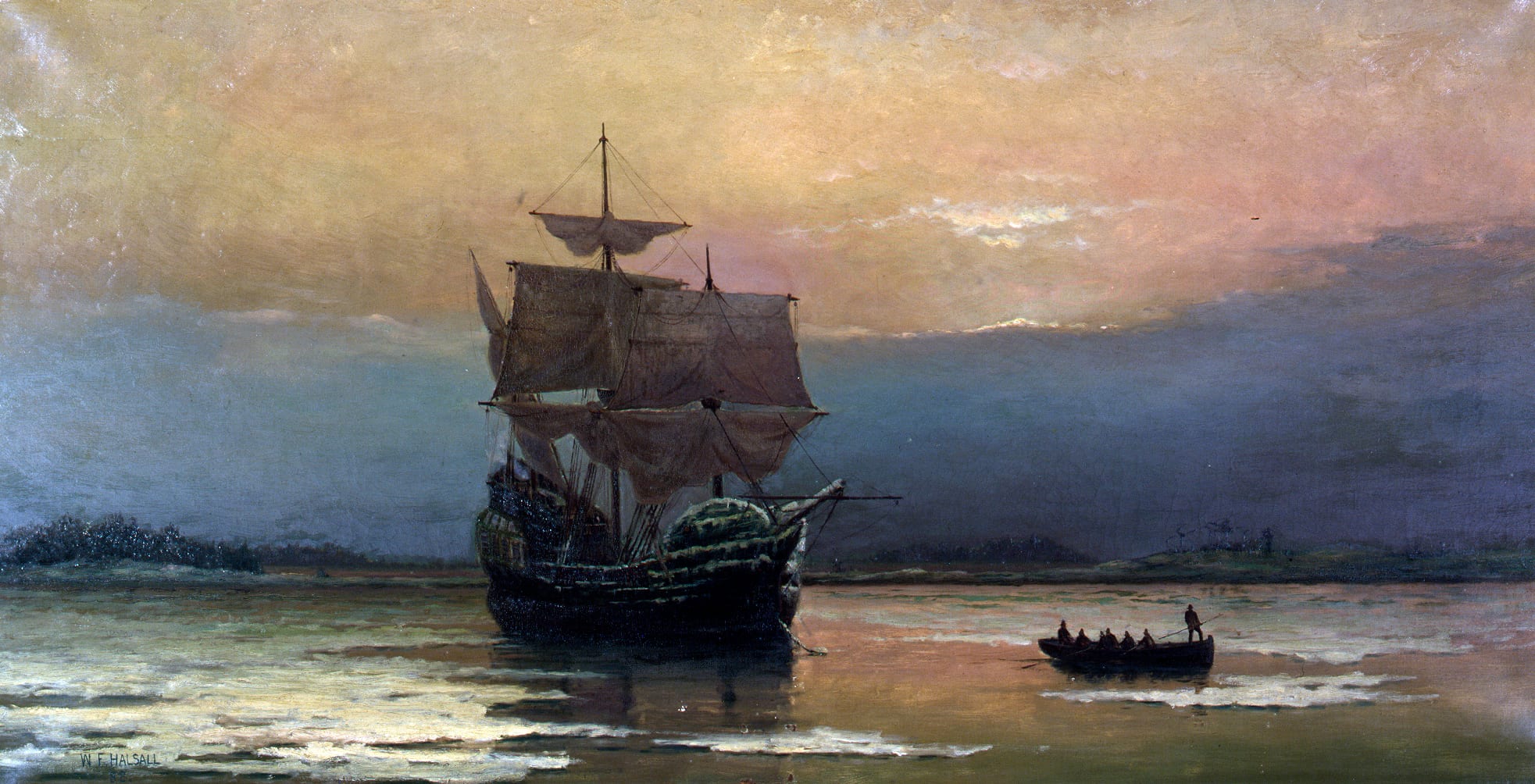 The Mayflower at anchor in Plymouth Harbor at dusk, sails slack, while a rowboat of men pulls away across the water.