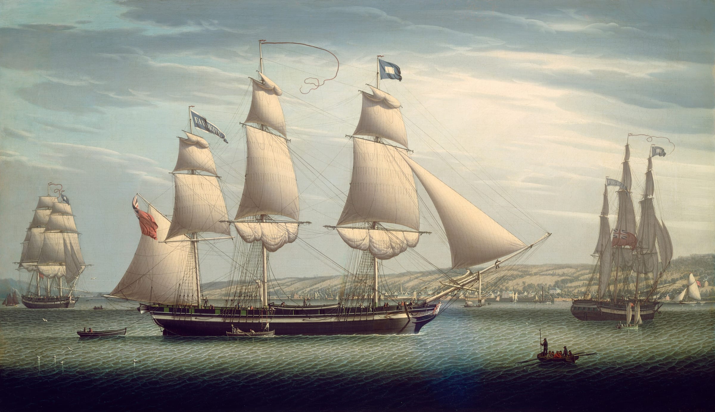 The three-masted ship Favorite under full sail on calm water off Greenock, Scotland, with other ships and green hills behind.