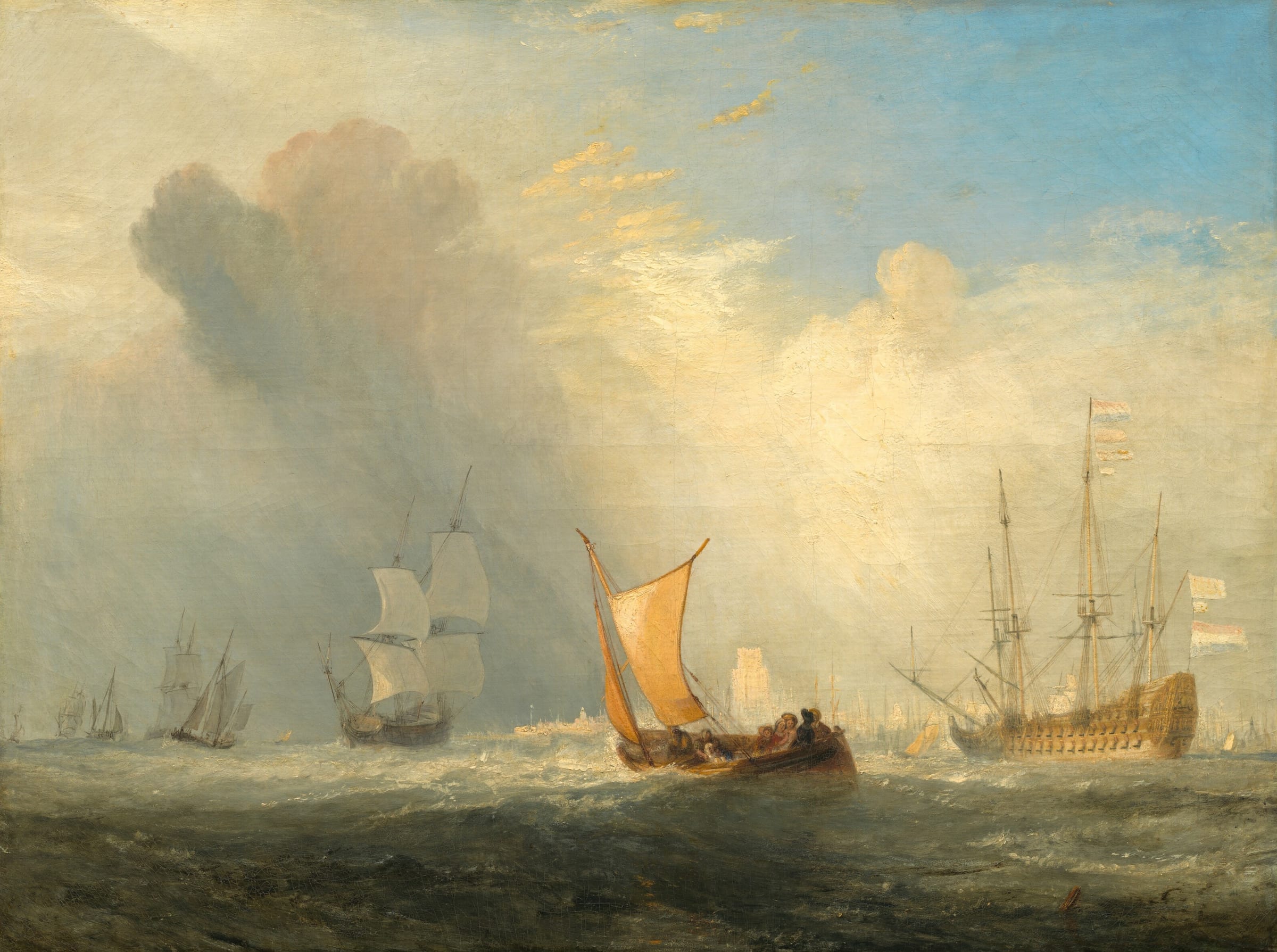 A small ferry with an orange sail crosses choppy water toward Rotterdam, Dutch warships at anchor and a clearing, sunlit sky behind.