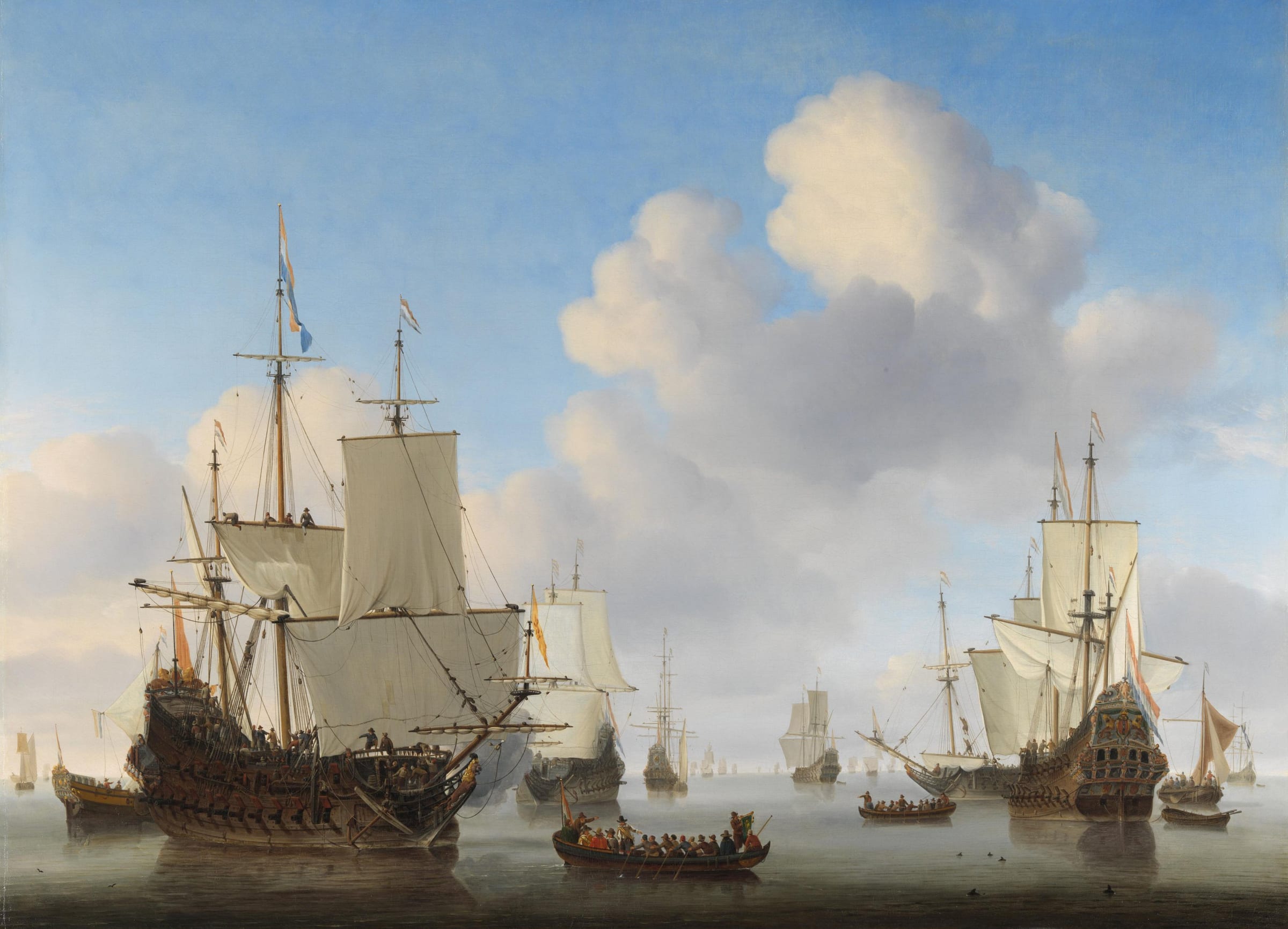 Dutch warships with sails loosened ride at anchor on a still sea under a bright sky of white clouds, a crowded launch rowing between them.