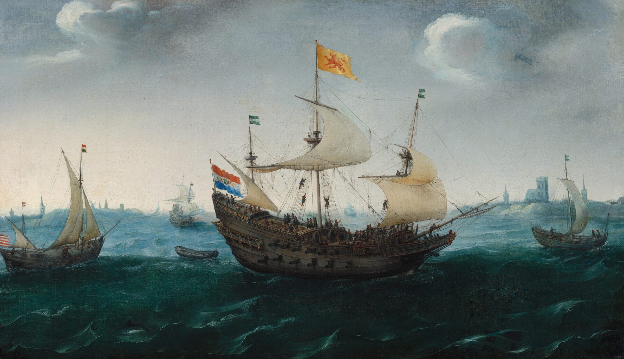 A Dutch three-masted ship under sail on a deep green sea, flags flying, with smaller vessels and a coastal town behind.